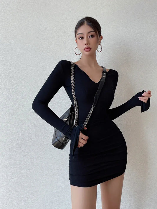 Sexy Sheath Women's Dress Black Long Sleeve Club Wear Bodycon Solid Mini Party Club Vestidos Woman Dresses Clothes For Dress