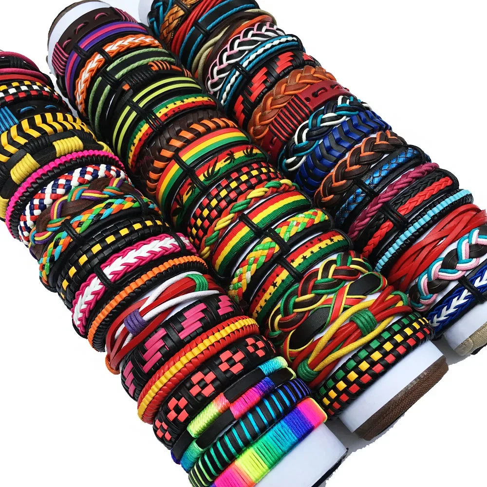 50PCS/set Wholesale Lots Bulk Random Punk Men's Leather Bracelets Femme Pulseras Bileklik Couple Bracelet Men Jewelry WP2