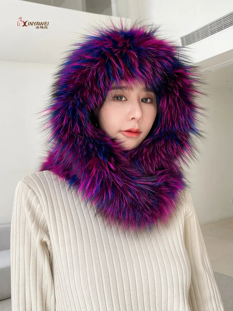 Bufanda de piel de zorro de invierno, gorro de una pieza para mujer, cálido y de ocio, protector de orejas de piel de doble cara, gorro de piel para el viento y la nieve, versátil