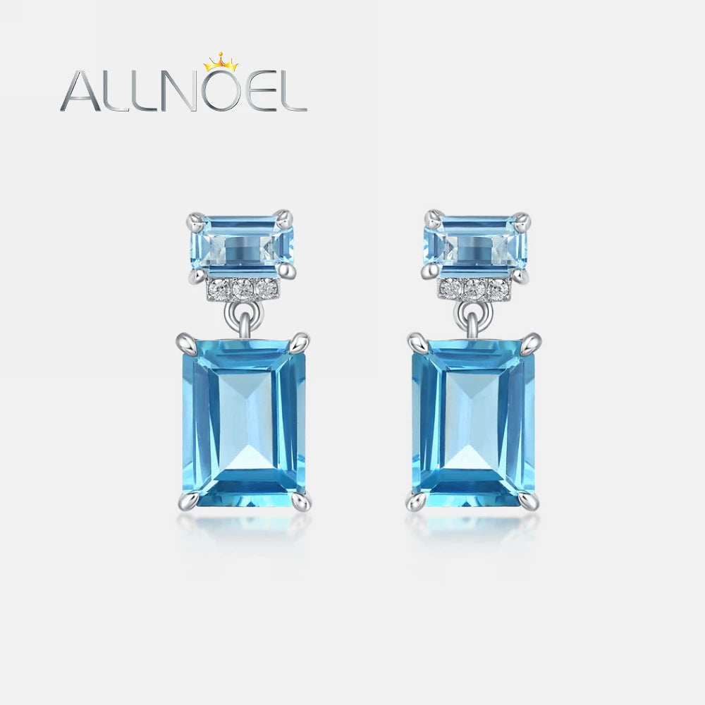 ALLNOEL Solid 9K/14K/18K White Gold Earrings For Women Natural 6*8mm London Blue Topaz Temperament K Gold Jewelry bijoux Gifts