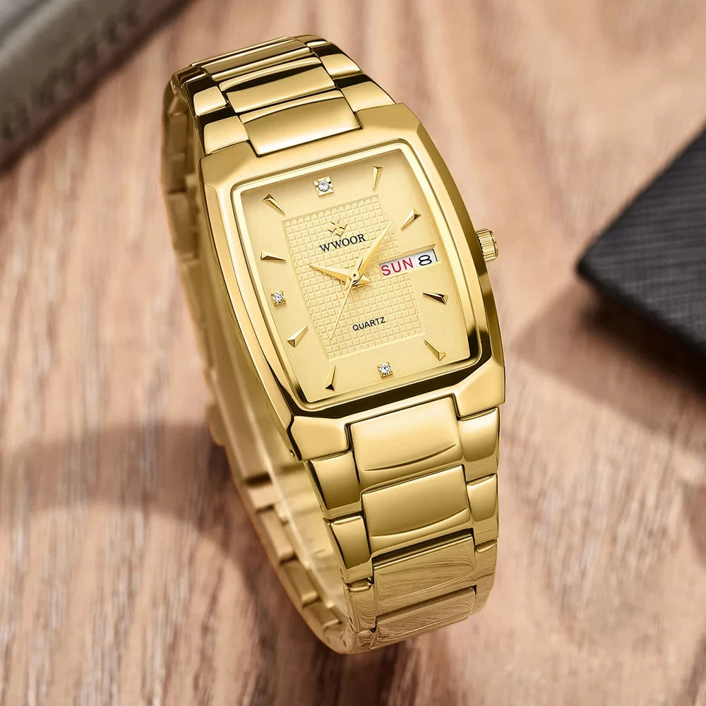 WWOOR 2024 New Square Watch Men with Automatic Week Date Luxury Stainless Steel Gold Mens Quartz Wrist Watches Relogio Masculino