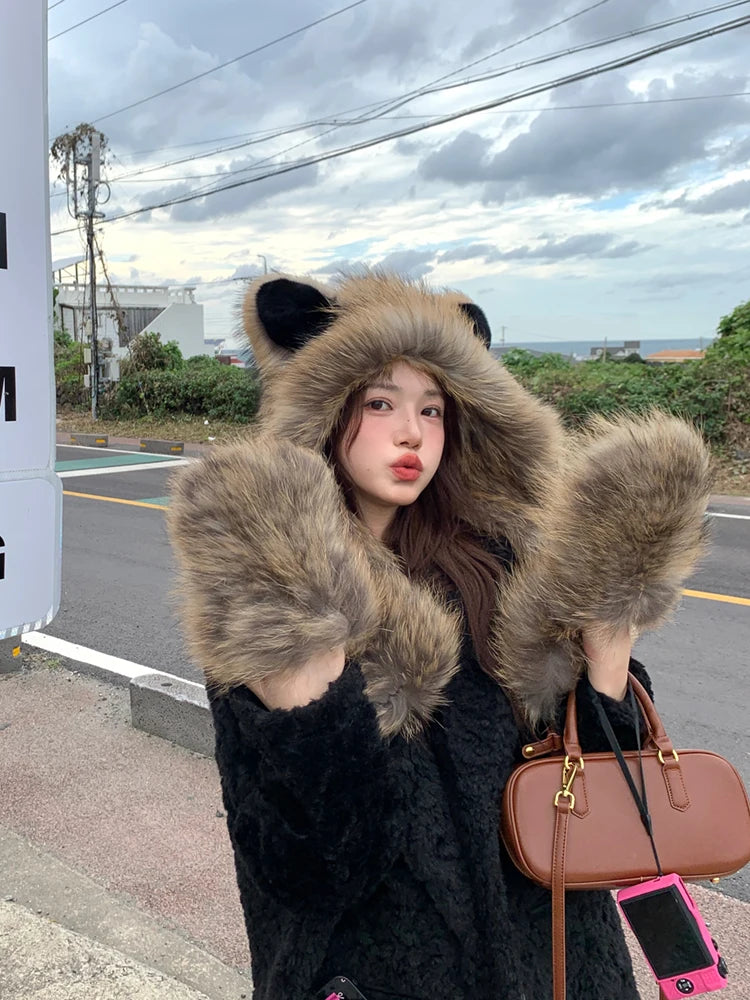 New Autumn And Winter Raccoon Fur Weaving Foreign Style Wild Outdoor Cold And Windproof Hat Scarf One-Piece Knitted Cap