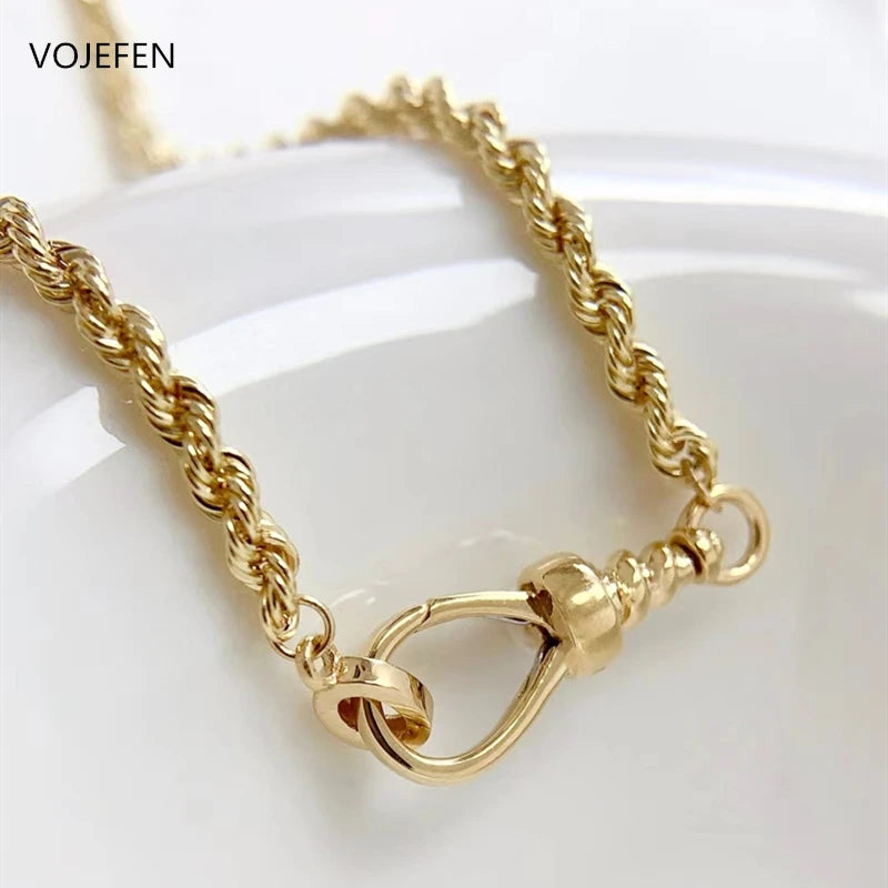 Collier en or véritable 18 carats VOJEFEN Bijoux Chaîne en corde personnalisée avec mini diamants Bouton Luxe AU750 Produits Cadeaux Nouveau bijou