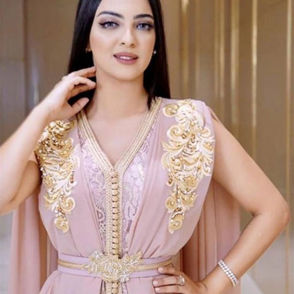 2024Luxury Beaded Long Muslim Celebrity Prom Dresses Dubai Moroccan Kaftan Chiffon V Neck Sleeveless Formal Occasion Dresses