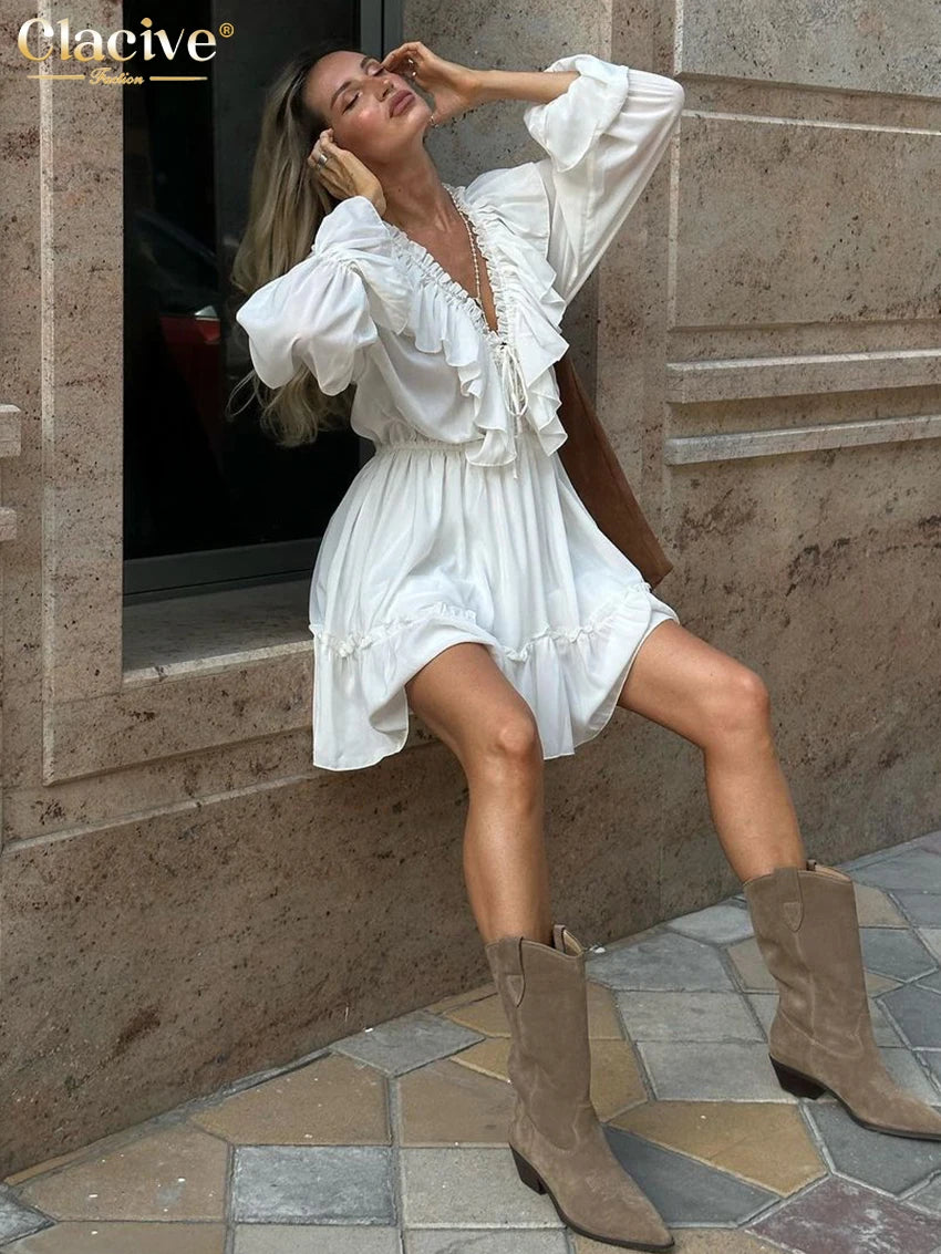 Clacive Sexy Loose White Dress Ladies Fashion V-Neck Long Sleeve Mini Dress Elegant Ruffle High Waist Dresses For Women 2023