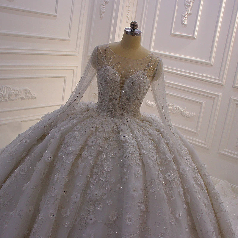 AM552 White Ball Gown Wedding Dress With Shiny Lace Flowers O-Neck Full Sleeves Wedding Gowns With Long Train As Photos