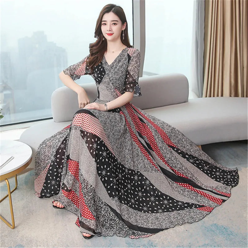 Bohemian 2020 Women's Summer New V-neck Five-point Sleeve Fashion Super Long Temperament Dress Long Swing Beach Dress