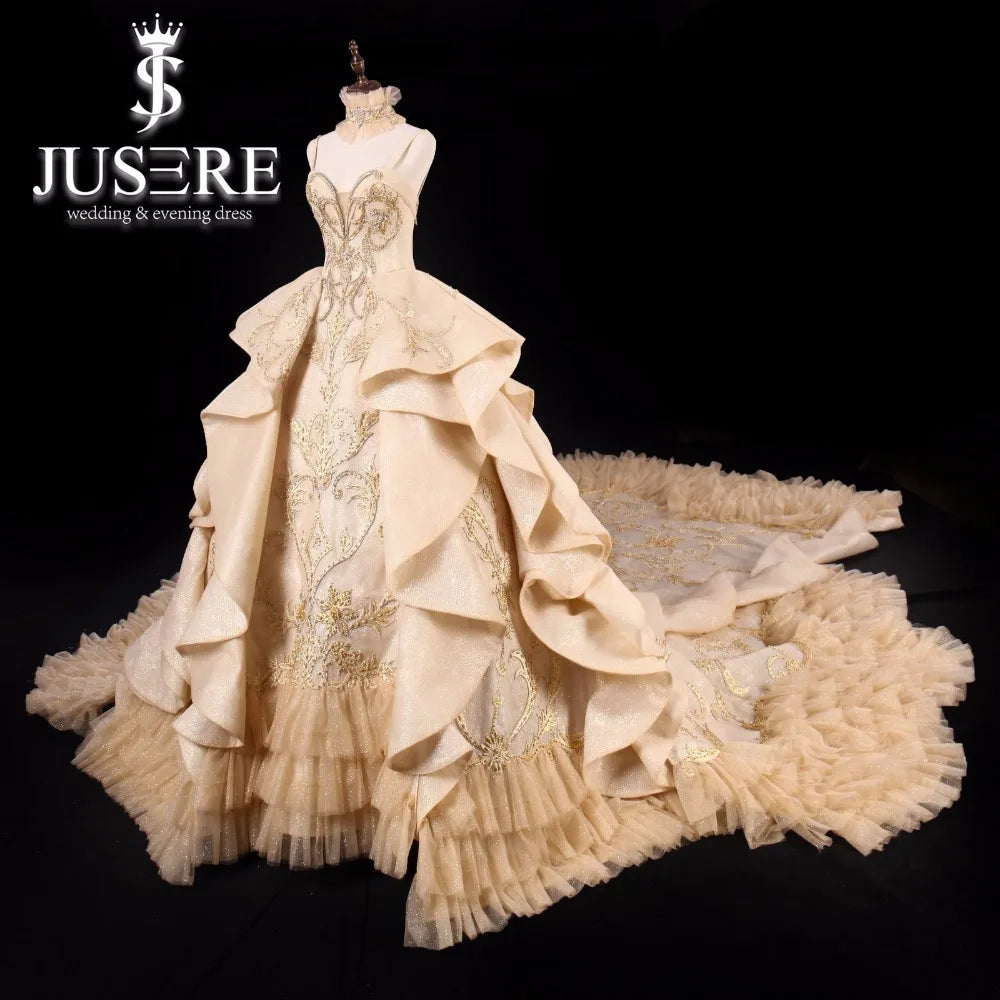 Robe de mariée luxueuse en or JUSERE, sans bretelles, dos nu, cathédrale/train royal, robes de bal de mariée, robes de princesse, robe de mariée