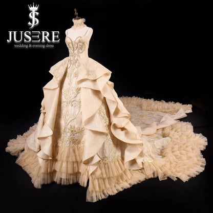 JUSERE Vestido de novia de lujo dorado sin tirantes, espalda descubierta, estilo catedral o cola real, vestidos de novia de princesa, vestido de noiva