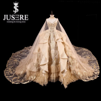 JUSERE Vestido de novia de lujo dorado sin tirantes, espalda descubierta, estilo catedral o cola real, vestidos de novia de princesa, vestido de noiva