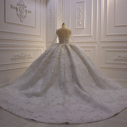 AM552 Vestido de novia blanco con flores de encaje brillante, escote redondo, mangas largas y cola larga, como en las fotos