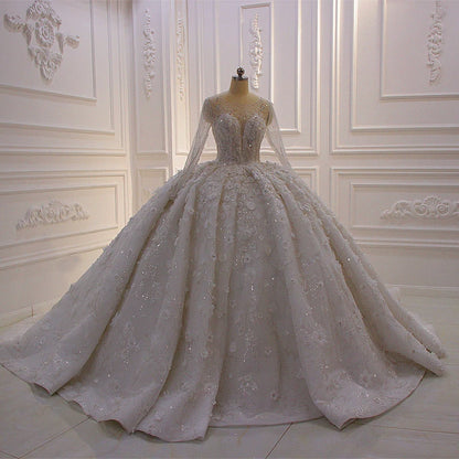 AM552 White Ball Gown Wedding Dress With Shiny Lace Flowers O-Neck Full Sleeves Wedding Gowns With Long Train As Photos