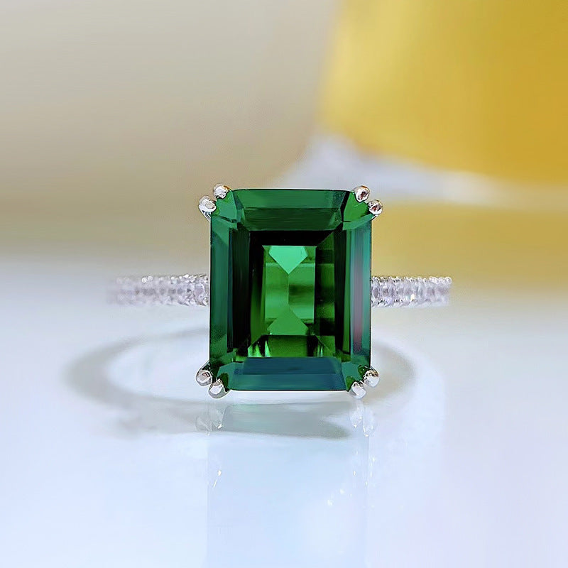 925 Silver Retro Rectangular Car Flat 810 Emerald Women's Ring