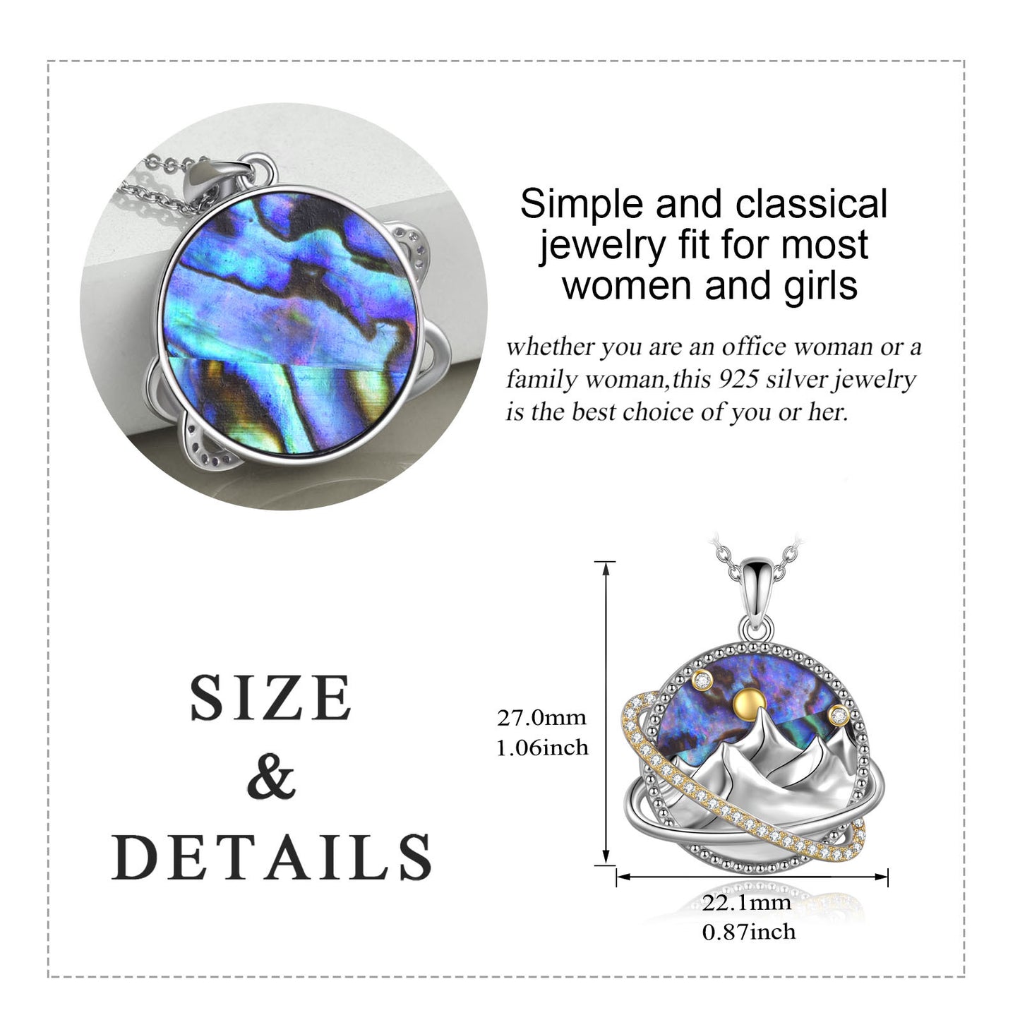 Sterling Silver Universe Planet Sun Moutain Pendant Necklace Abalone Shell Cubic Zirconia Jewelry