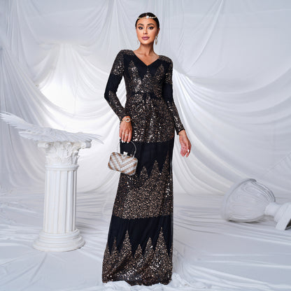 Robe de soirée longue sexy à manches longues et col en V avec paillettes