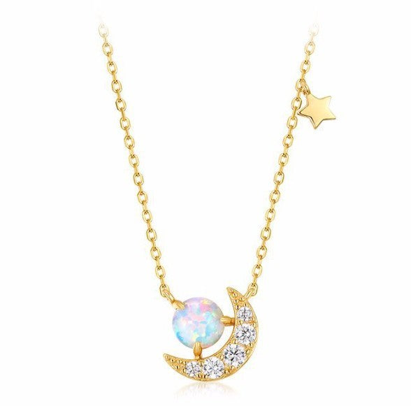 Synthetic Opal Star Moon 925 Silver Necklace