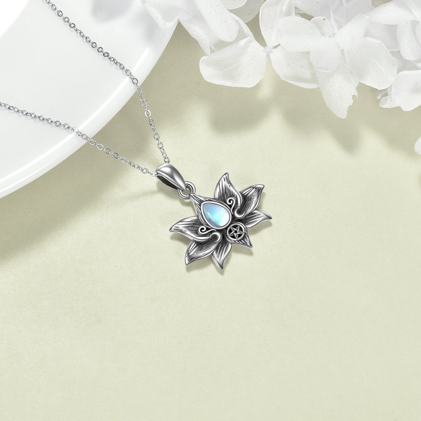 Collier pendentif fleur de lotus en argent sterling avec pierre de lune, bijoux cadeaux pour femmes