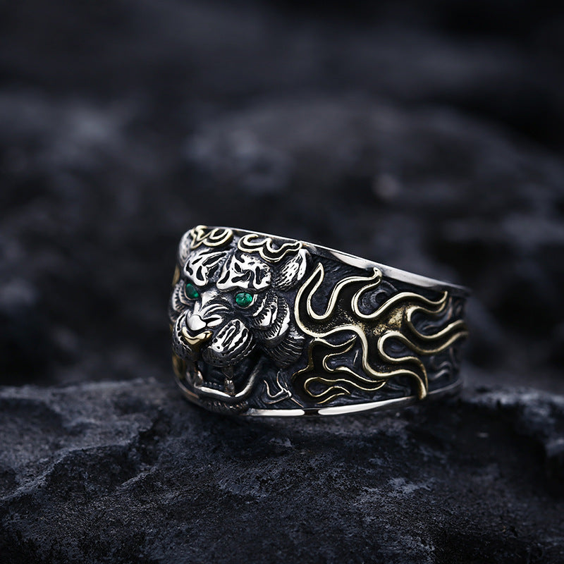 925 Sterling Silver Tiger Head Retro Adjustable Ring