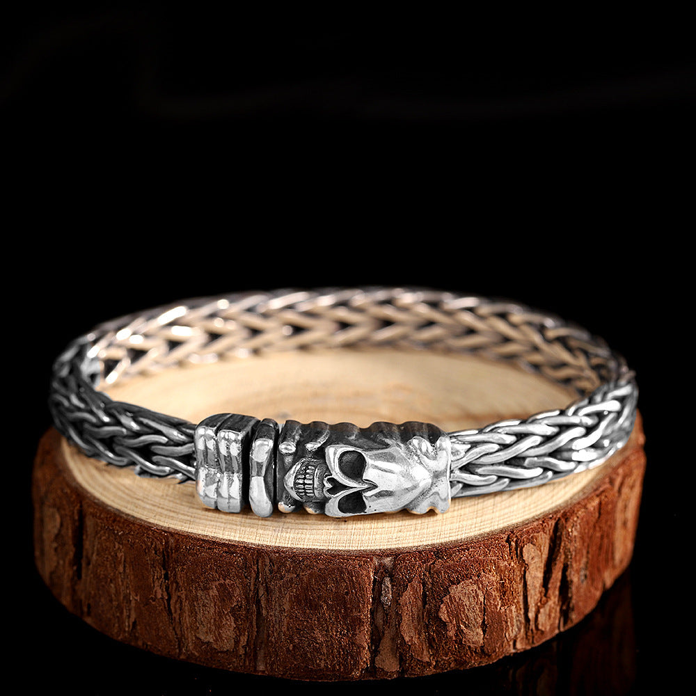 Pulsera de calavera tejida para hombre Seiko con accesorios de plata S925 antiguos de plata tailandesa