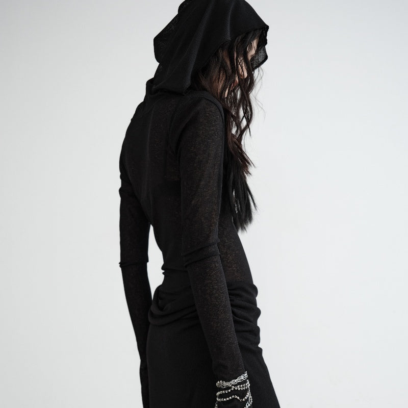 Robe à capuche en tricot semi-transparent de style sombre en deux pièces superposées