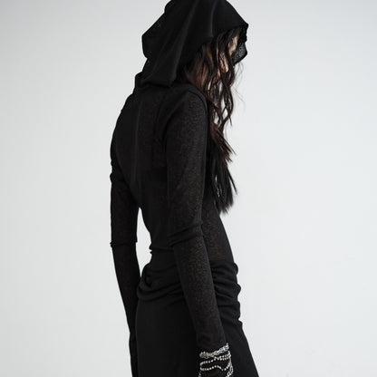 Robe à capuche en tricot semi-transparent de style sombre en deux pièces superposées