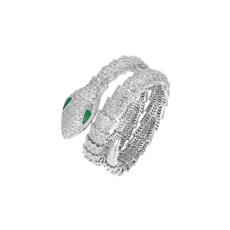 Bracelet serpent aux yeux verts vintage en platine plaqué zircon et diamants