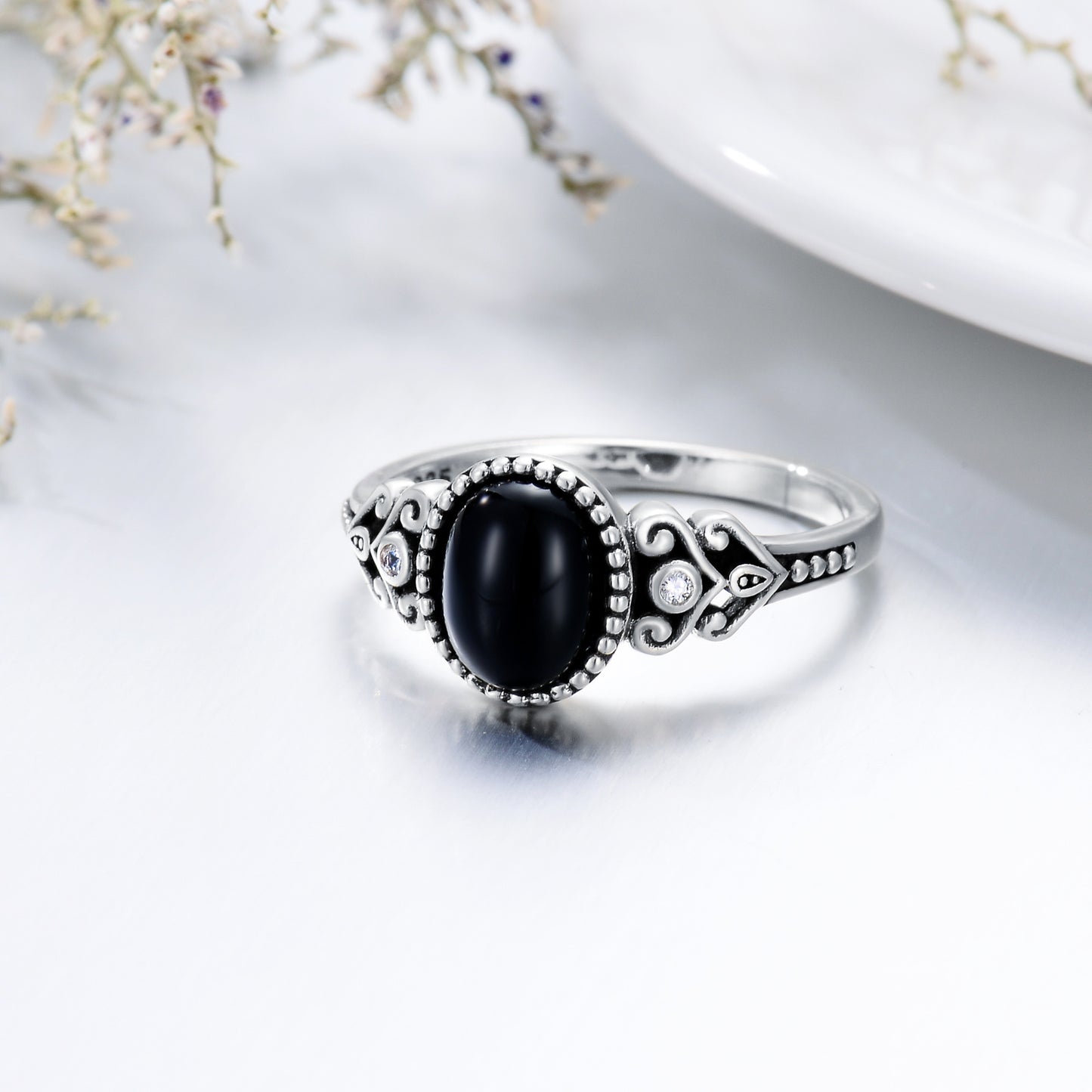 Bague vintage en argent sterling 925 avec onyx noir oxydé pour femme