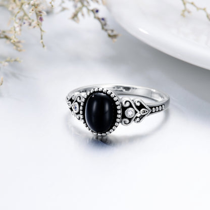 Anillo vintage de ónix negro oxidado en plata de ley 925 para mujer