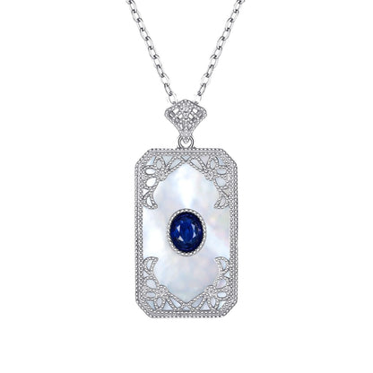 S925 Silver Inlaid Sapphire Necklace With Vintage Pattern Pendant Designed By A Natural Female Belle Pendant