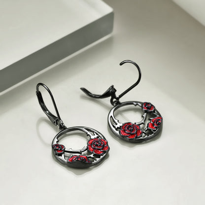 Sterling Silver Red Rose Flower Leverback Earrings Jewelry for Women