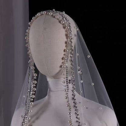 Voile de mariée longue traînante avec perles et strass