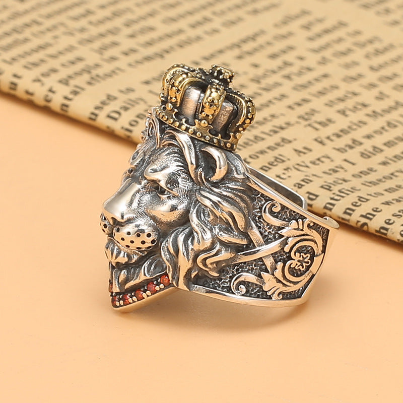 Bague tête de lion mâle en argent sterling avec croix et couronne vintage du Roi Lion