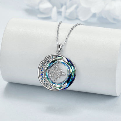 Collar de cristal de buena suerte con nudo de bruja celta y luna en plata de ley 925