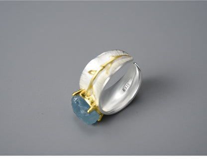 S925 Women's Long Leaf Aquamarine Ring