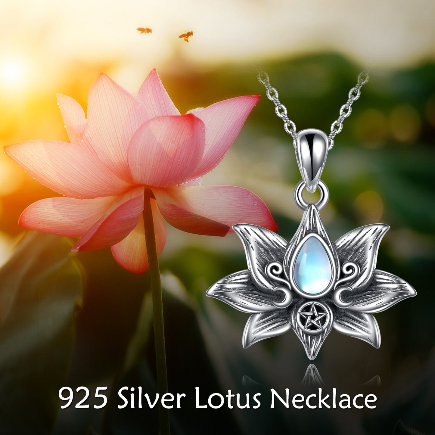 Collier pendentif fleur de lotus en argent sterling avec pierre de lune, bijoux cadeaux pour femmes