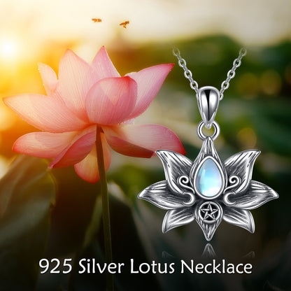 Sterling Silver Moonstone Lotus Flower Pendant Necklace Jewelry Gifts for Women