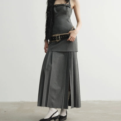 Stitching Belt Low Waist Elegant Gray Halter Pleated Split Dress