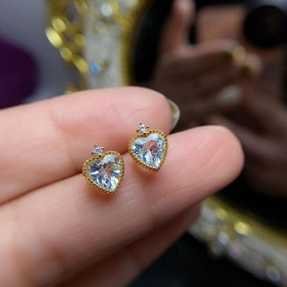 Simple Heart-shaped 925 Silver Natural Aquamarine Stud Earrings