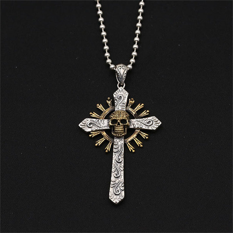 Fashion Personality Sterling Silver Retro Personality Inlaid Copper Skull Cross Pendant