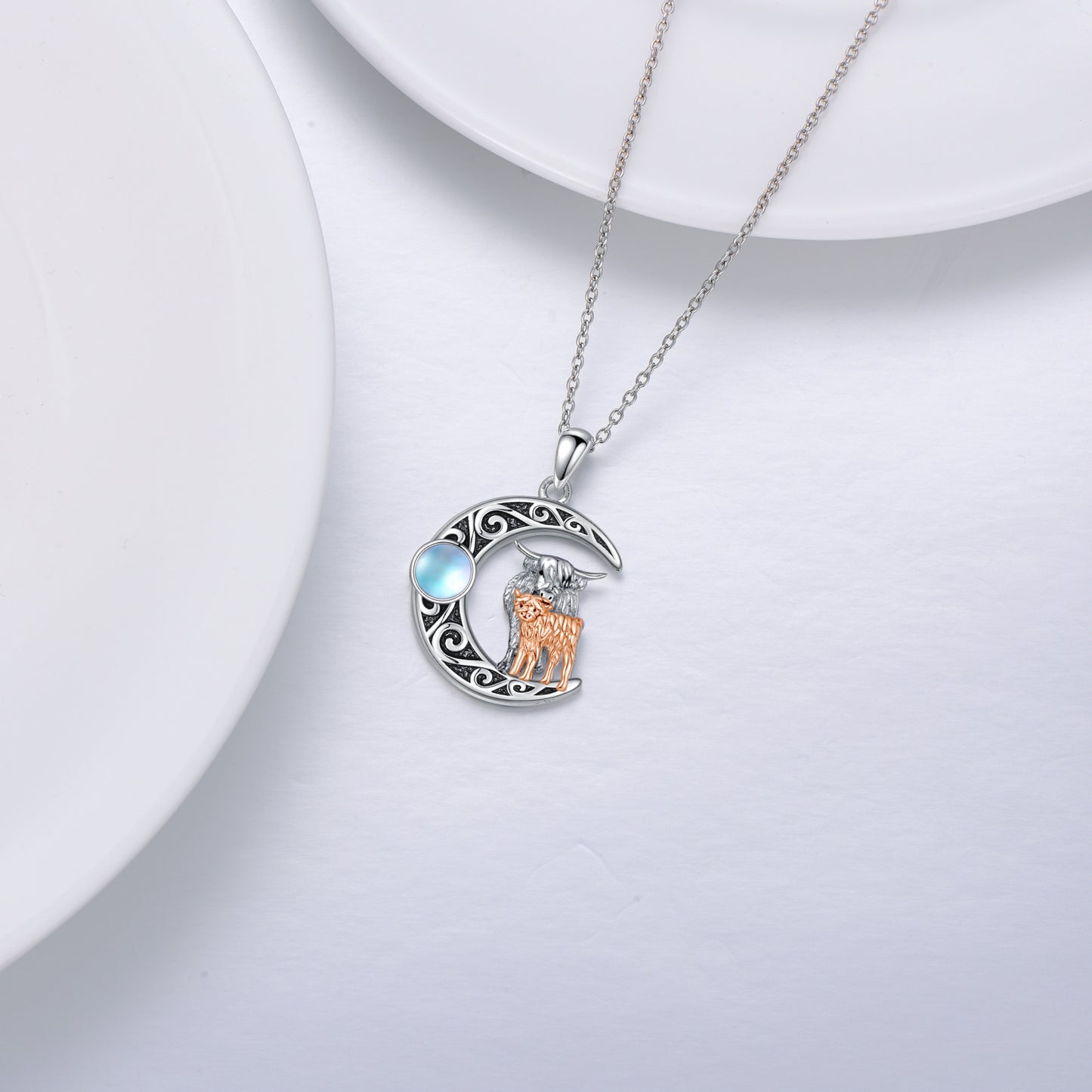 Collier en argent sterling 925 avec pierre de lune et vache Highland pour mère et enfant