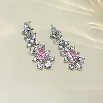 Silver Rectangular Diamond Ice Flower Cut Ear Studs