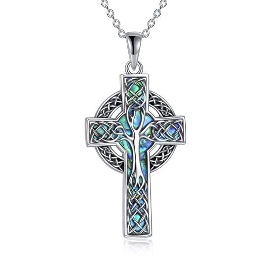 Collier avec pendentif croix celtique en argent sterling 925 et abalone