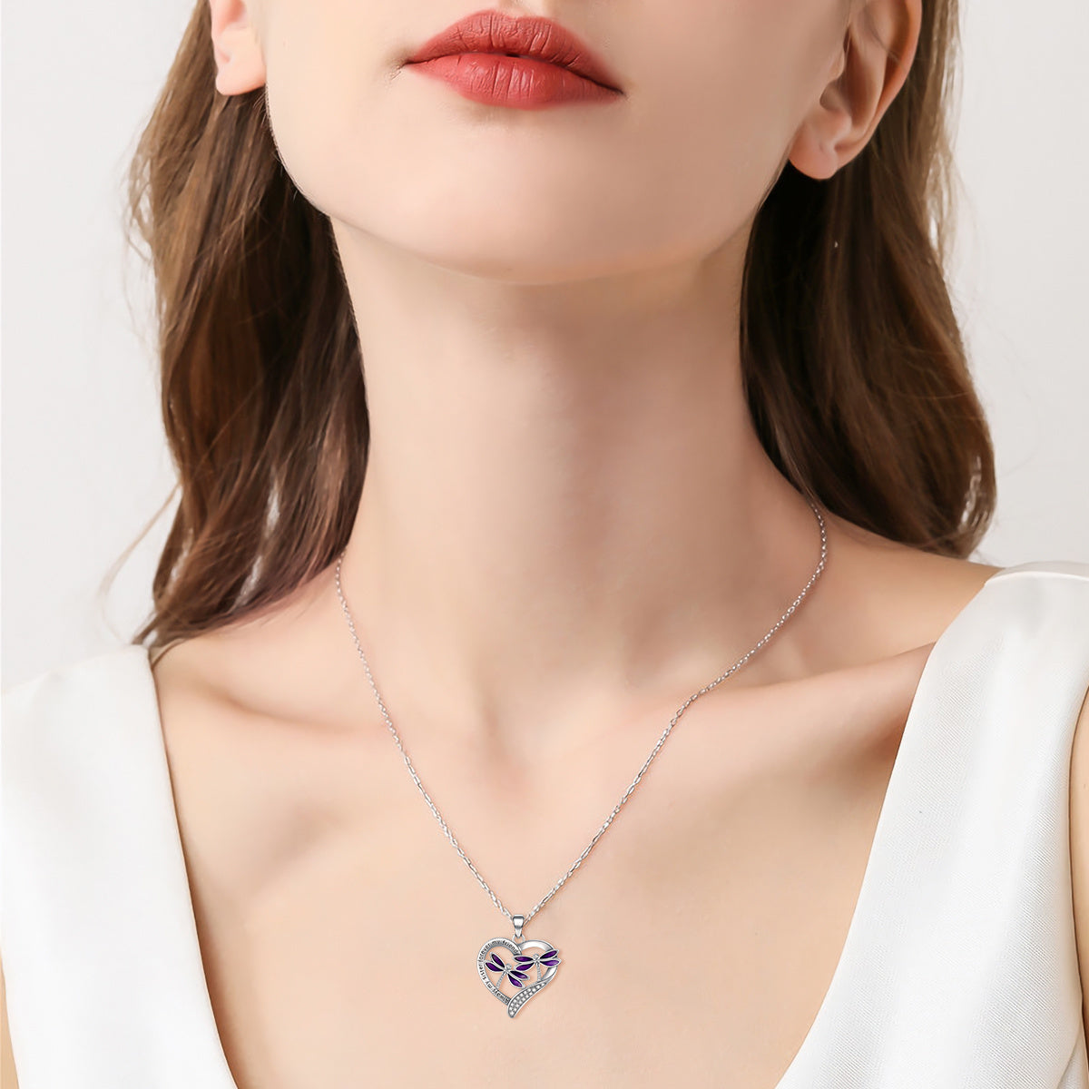 Collier pendentif libellule violette en argent sterling plaqué or blanc