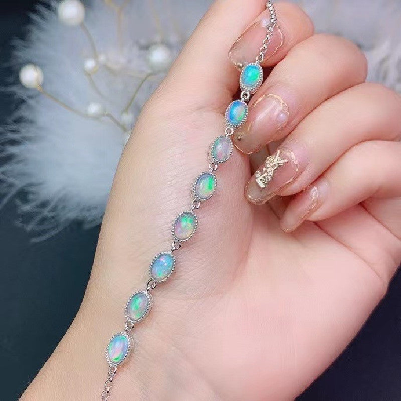 925 Silver Inlaid Opal Bracelet Silver Jewelry Women's Fashion