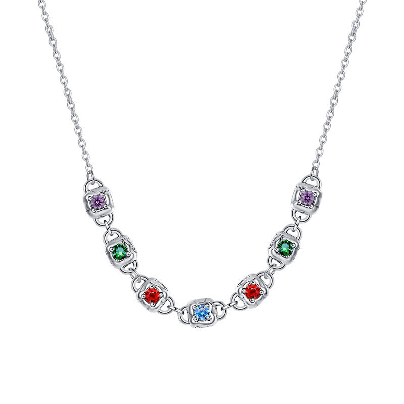 S925 Sterling Silver Fashion Colorful Square Dice Zircon Necklace Retro Heavy Industry Collar Chain