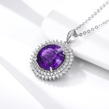 S925 Silver Set Round Bird's Nest Cut Natural Amethyst Necklace