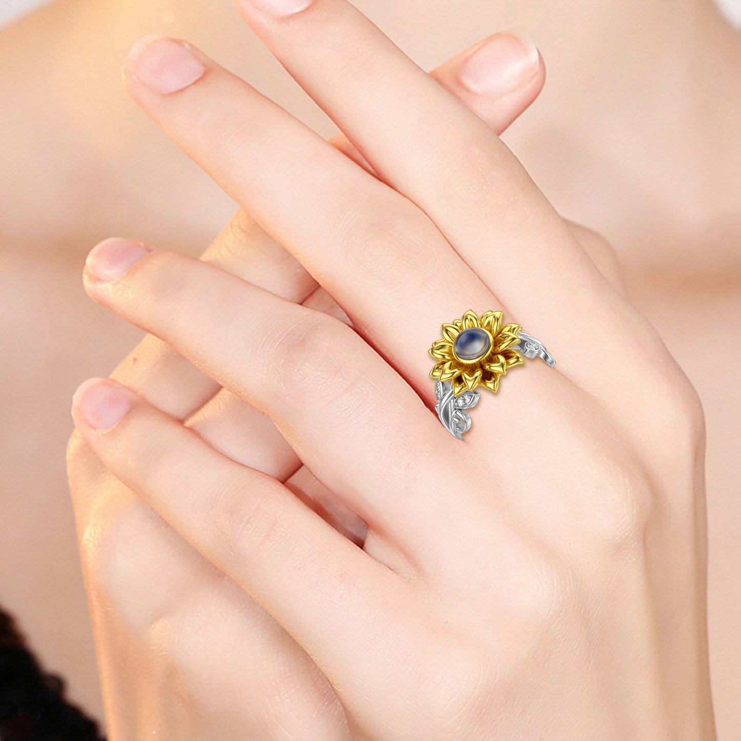 Bague tournesol en argent sterling avec je t'aime en 100 langues Tu es mon soleil