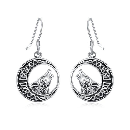 Wolf Celtic Moon Dangle Drop Earrings in Sterling Silver