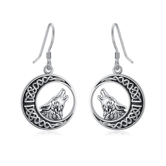 Boucles d'oreilles pendantes en argent sterling avec motif lune celtique et loup