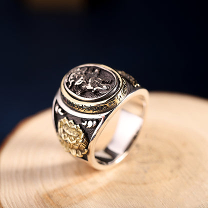 S925 Silver Antique Finish Silver Jewelry Trendy Personality Hip Hop Style South Sea Guanyin Ring Men's Ring